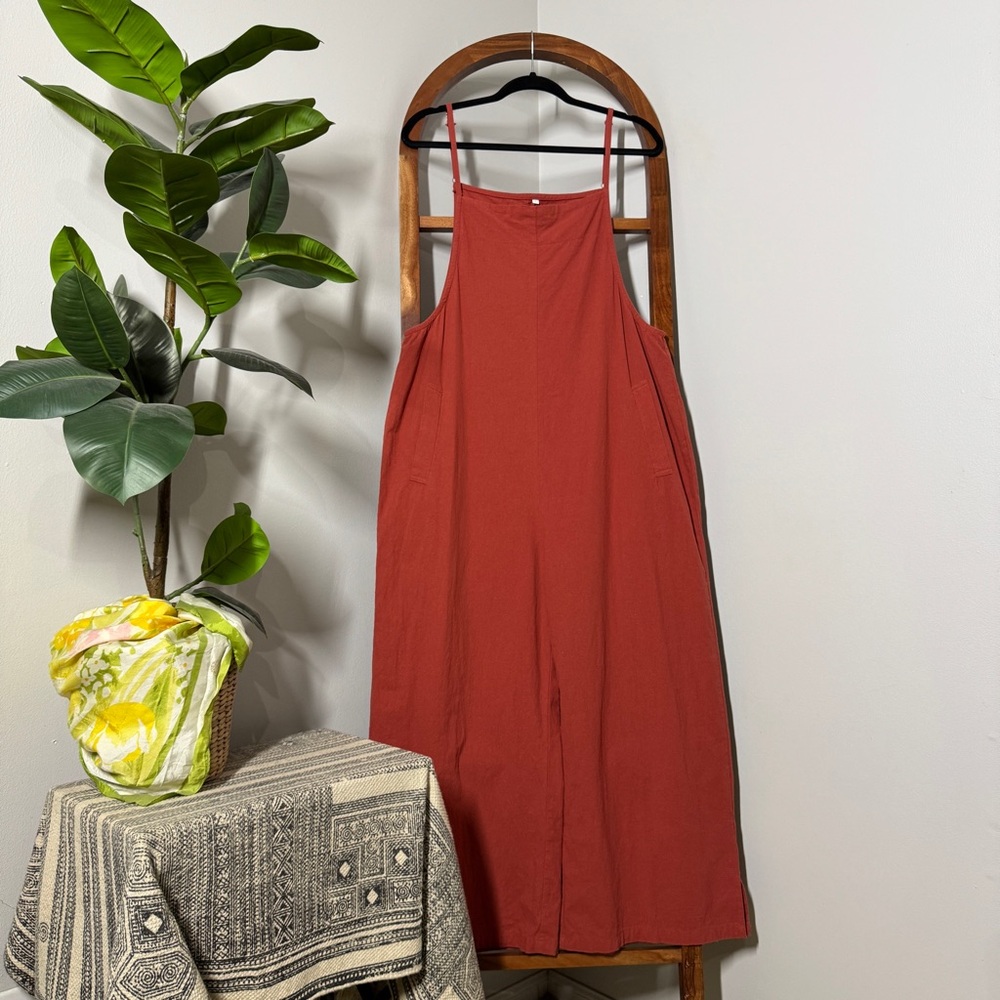 LARGE Burnt Orange 100% Cotton Square Neck Wide Leg Jumpsuit